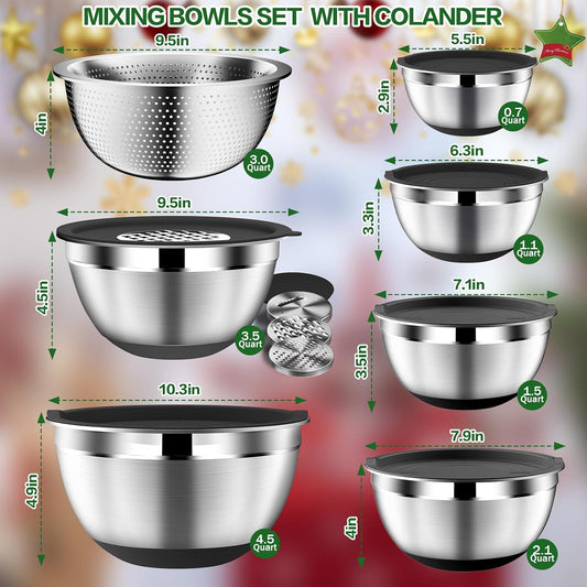 DUTZUN Mixing Bowls with Lids Set - 16pcs Stainless Steel Mixing Bowl Set with Colander, 3 Grater Attachments, Non-Slip Bottom, Metal Nesting Bowls with Strainer for Mixing & Serving - Black