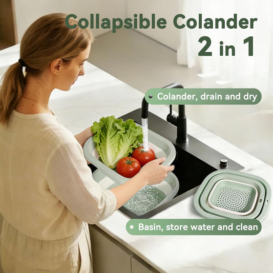 Collapsible Colander and Sink Basin Set - 2 in 1 Collapsible Colander Strainer with Collapsible Wash Basin for Kitchen, RV Camping, Foldable Fruit Vegetable Washing Basket, 8 QT, Blue