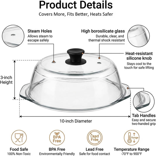 Glass Microwave Splatter Cover for Food,Plate Guard Lid with Ceramic Screw,Plate Splatter Guard Lid with Vent Holes & Easy-Grip Handle,BPA Free, Dishwasher Safe(10in )