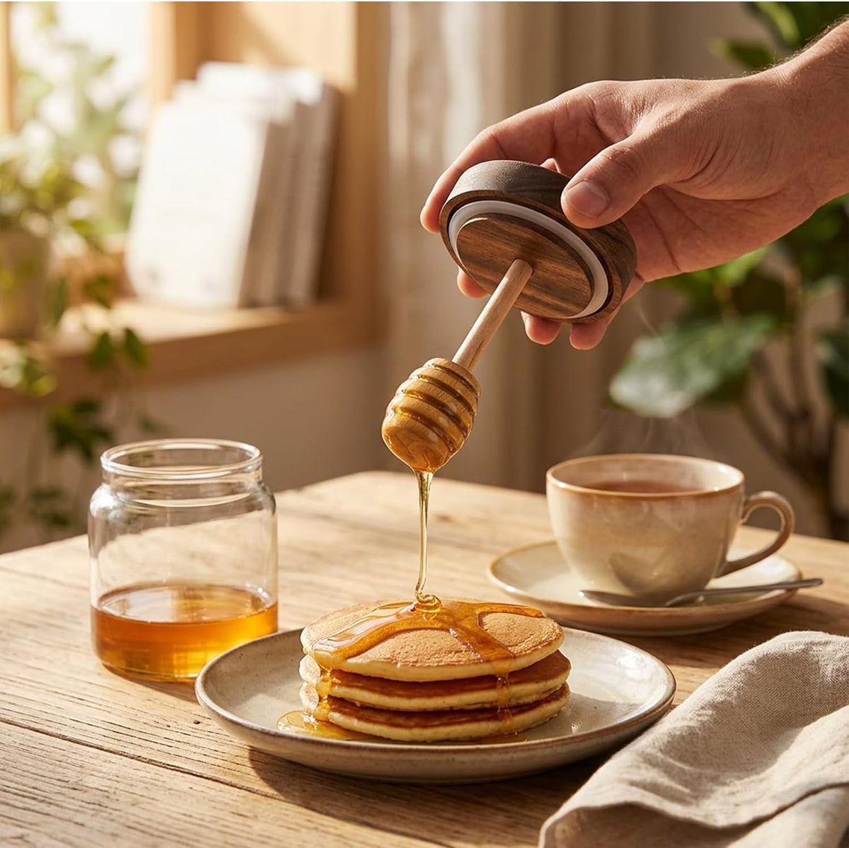 12 Oz Honey Jar with 2 Wooden Dippers and Lid,Honey Pot Dispenser,Clear Glass Honey Container for Home Kitchen,Store Honey and Syrup,Easy to Clean