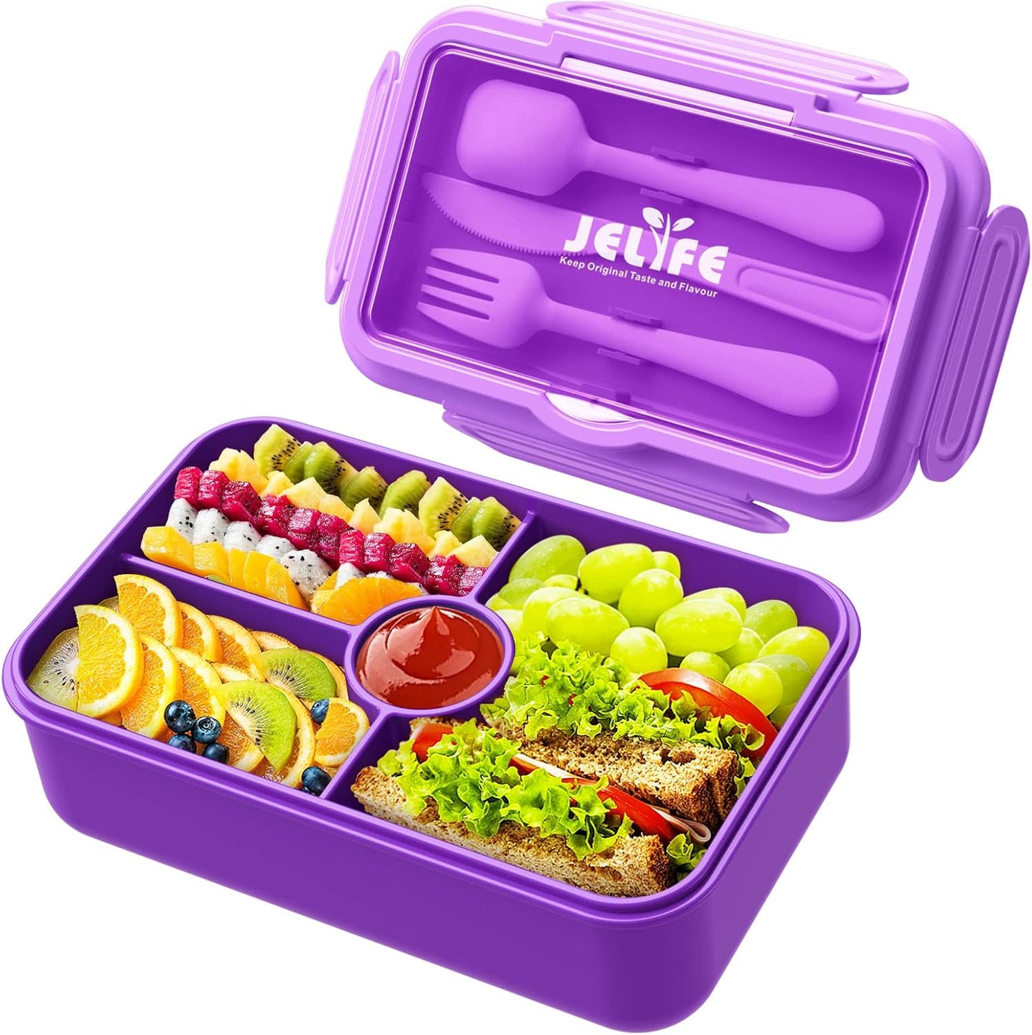 Jelife Bento Lunch Box for Kids - Leakproof Large Bento-Style with 4 Compartments Portions Lunchbox with Tableware Back to School, Reusable On-the-Go Meal and Snack Packing, Blue