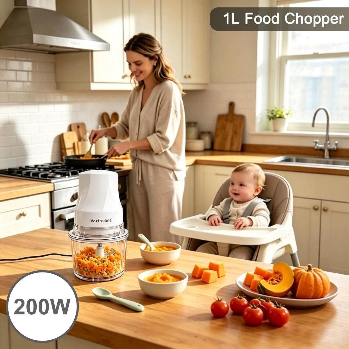 Food Chopper Electric, Dual Blades with 2 Speed Button, Overheat Protection + Safety Lock, Hand Wash or Dishwasher Safe, Rubber Anti-Slip Pad, 200W Motor, 1L Plastic Bowl