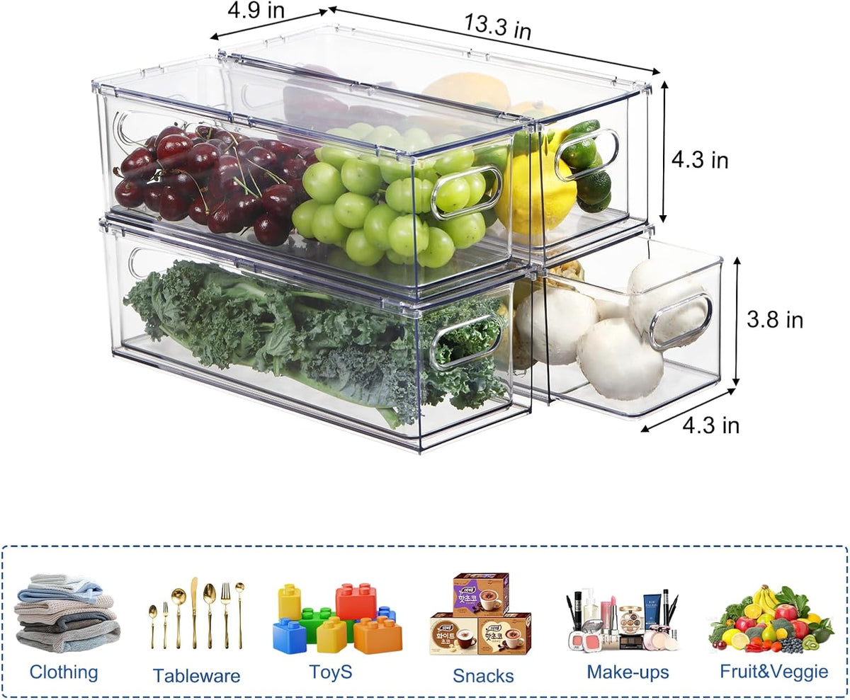 Fridge Organizers and Storage Pull Out Drawer, 2 Small | Stackable, Clear, Fruit and Veggies Containers, for Kitchen, Cabinet