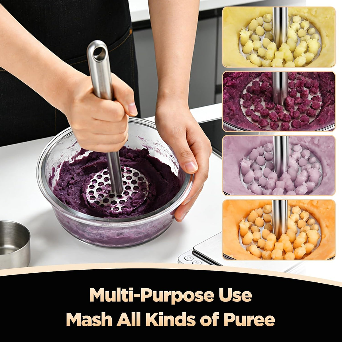 Heavy-Duty Potato Masher with Reinforced Thick Handle, Stainless Steel Smasher Kitchen Tool for Mashing Potatoes, Pumpkin, Avocado & Fruits(PM-01)