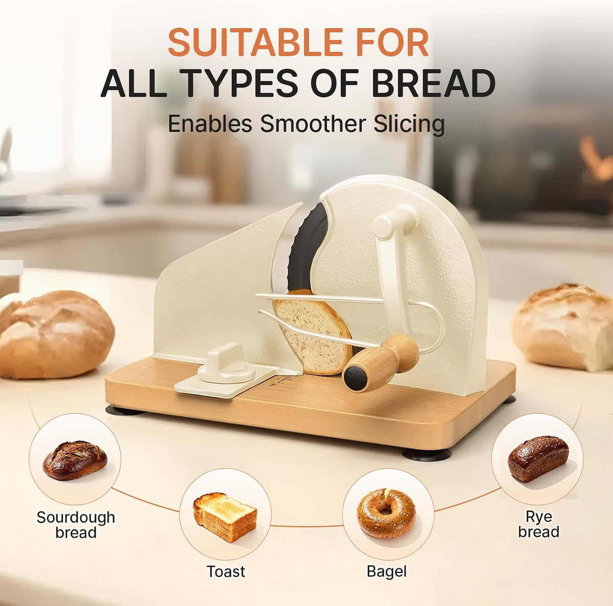 Upgraded Manual Bread Slicer for Homemade Sourdough Bread Adjustable Thickness& Evenly Slicing, Metal Guide, Hand Crank Bread Slicer with Scale Line & Suction Base,Sharp Stainless Steel Blade