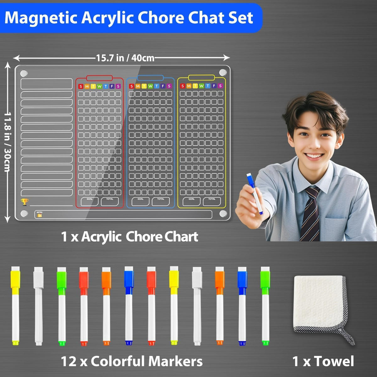 PigPotParty 2-in-1 Acrylic Magnetic Chore Chart for 2 Kids, Couples, Roommates, 15"x11" Large Dry Erase Chore Board for Fridge, Clear Weekly & Daily Reward Chart, Includes 12 Markers & Towel