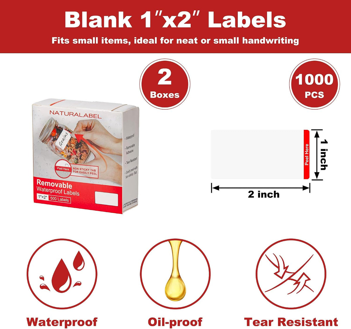 NATURALABEL 500 PCS Blank Removable Freezer Labels with Dispenser - 1" x 2" Food Labels for Meal Prep Containers, Easy Peel-Off Design, No Residue