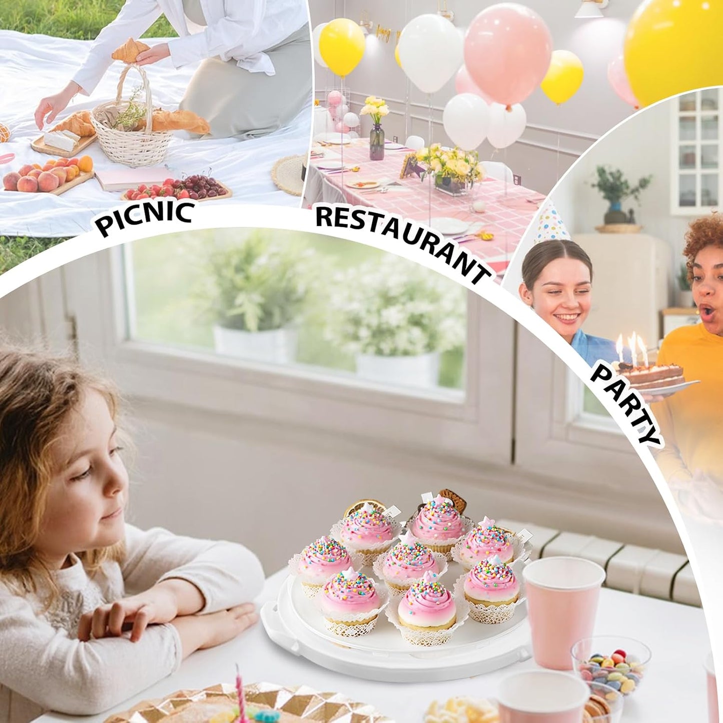Plastic Cake Carrier with Lid and Handle, Multipurpose Cake Stand Holder Container for 11 in Cake, Round Cupcake Storage Box Serving Tray with Cover for Bundt Dessert Pie Pizza Eggs Fruit White