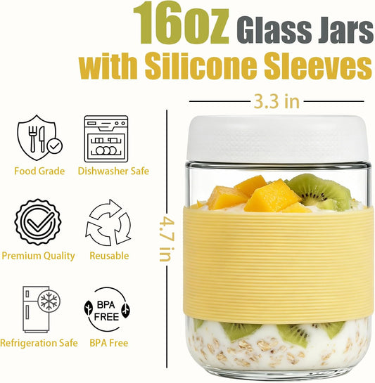 16 oz (6 Pack) Overnight Oats Containers with Airtight Lids and Silicone Sleeves, Leakproof Glass Meal Prep Containers, Wide Mouth Cookie Jars for Yogurt Chia Salad Smoothies Snacks