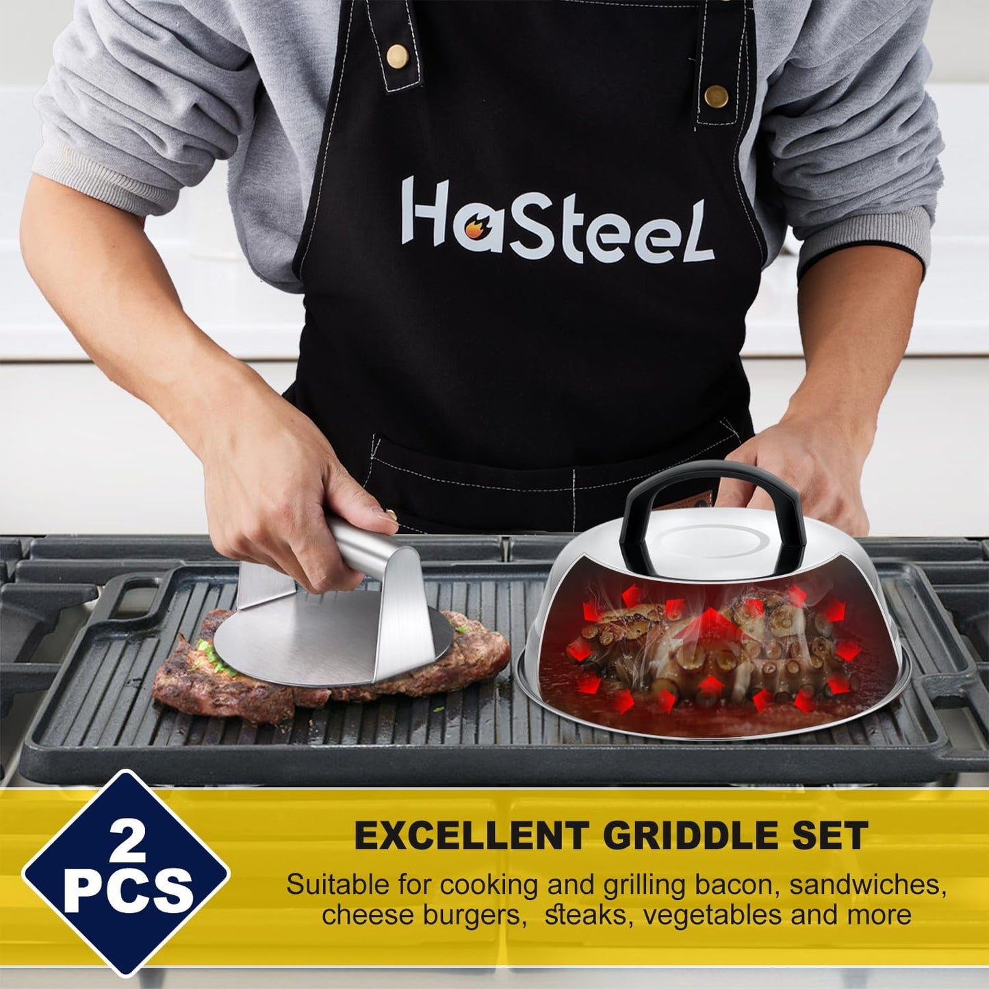 9In Melting Dome & 5.5In Burger Press, HaSteeL Stainless Steel Small Basting Cover with Round Bacon Press, Metal Griddle Accessories Set for Flat Top Teppanyaki Hibachi Grilling Cooking Steaming BBQ