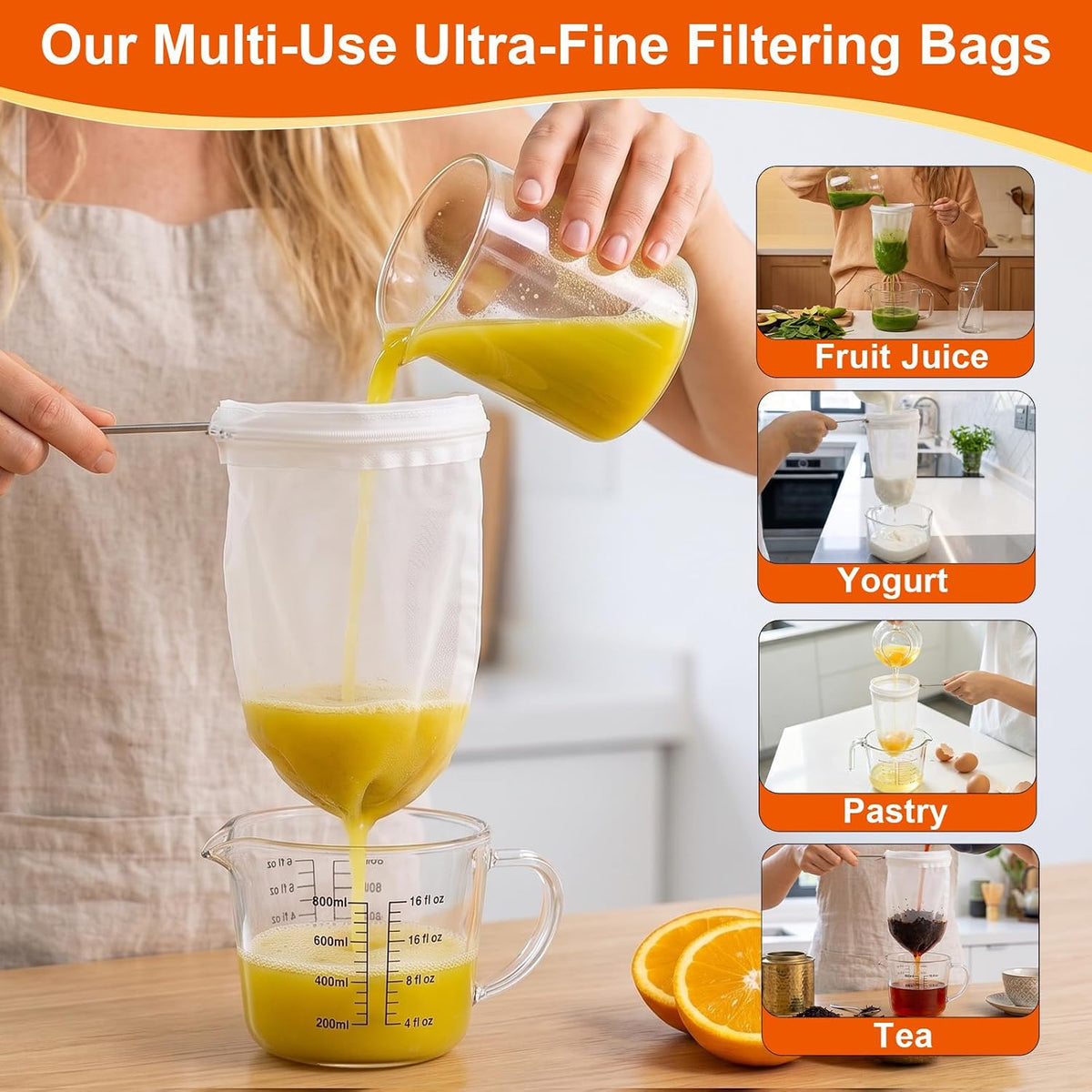 3 Pcs Reusable Fine Mesh Strainer Bags, Nut Milk Strainer Bag