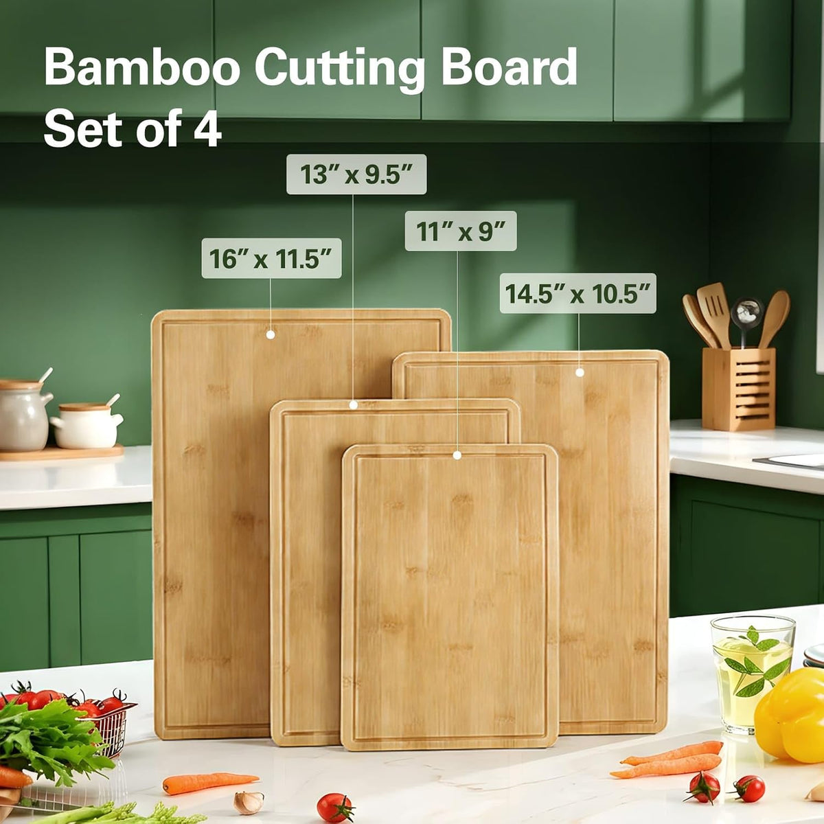 Zarler Bamboo Cutting Boards for Kitchen, 3 Piece Durable Wood Cutting Board with Juice Grooves and Handles, Wooden Chopping Board Set for Meal Prep, XL Size, Ideal Kitchen Gift