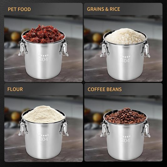 21L/5.6GAL and 12L/3.2GAL Stainless Steel Airtight Canister, Food Storage Canisters with Lid&Locking Clamp for Rice Flour Sugar Grain Coffee Bean Storage Containers (12L & 21L,2 CANISTERS)