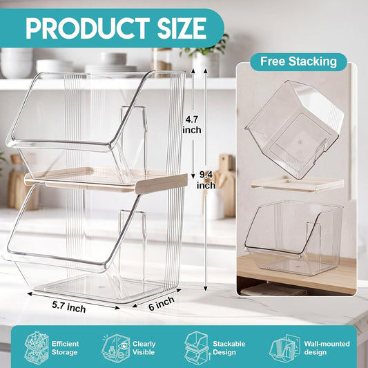 4 Pcs Clear Plastic Storage Bins Stackable Pantry Storage Organizer Kitchen Cabinet Organizers Ideal Containers for Tea Sugar Bag Coffee Pod Office Fridge Caddy