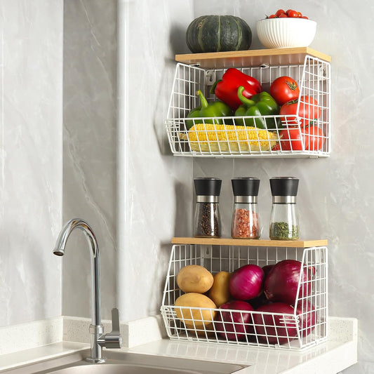Mefirt Fruit Basket, 2-Tier Fruit Bowl for Kitchen Counter, Stackable Wall Mounted Fruit Storage, Snack Organizer, Potato and Onion Storage Basket, Hanging Pantry Storage with Wood Lid, 2 Set, White