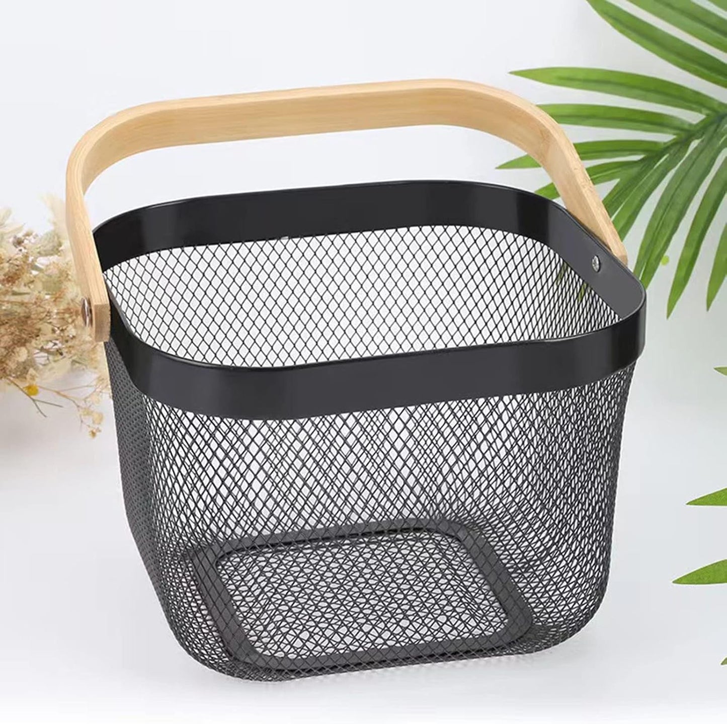 AJIODA 2 Pack Metal Mesh Steel Basket, Storage Organizer Basket Multi-function Hanging Kitchen Baskets Fruit Basket Bin with Wood Handle for Kitchen Bathroom Picnic Cabinet Home Decor, White