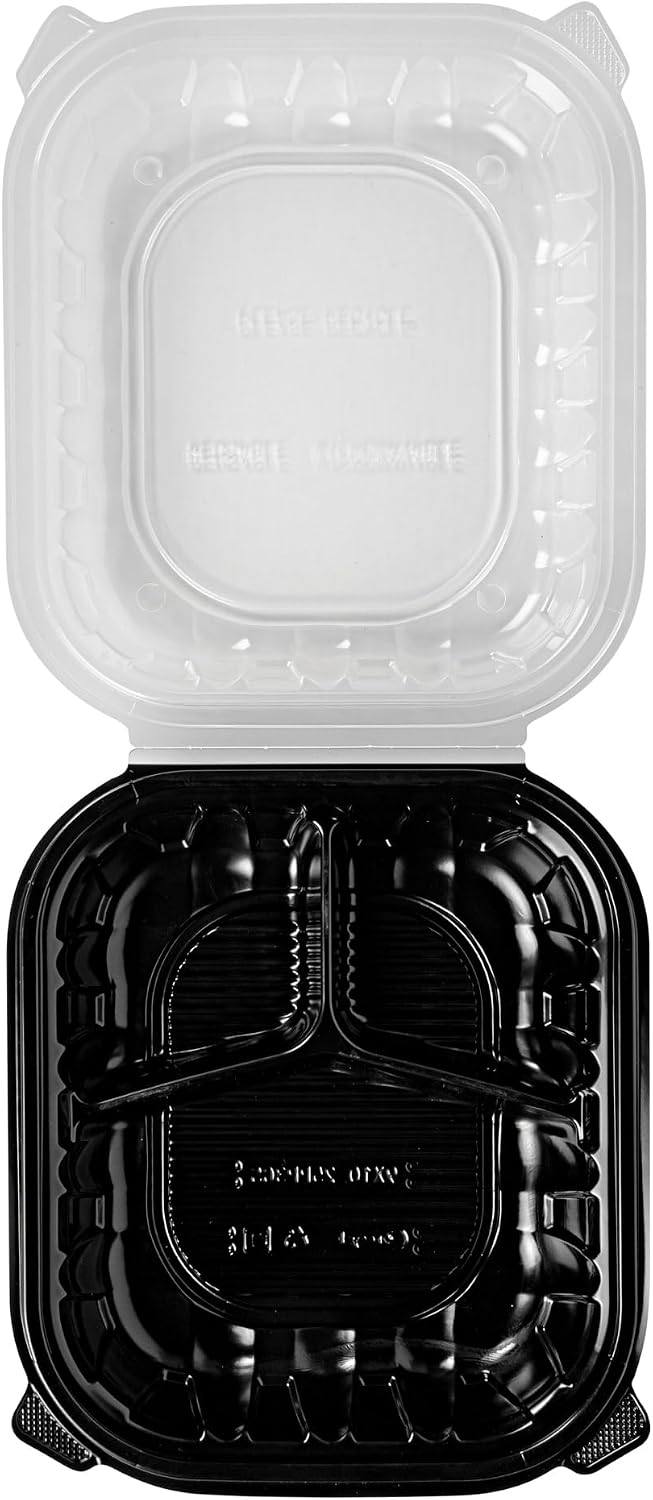 Thermo Tek 40 Ounce Clamshell Containers, 50 Disposable Take Out Boxes - 3 Compartments, Ventilated Lids, Black Plastic Meal Prep Containers, Microwavable, For Pasta Or Salads - Restaurantware