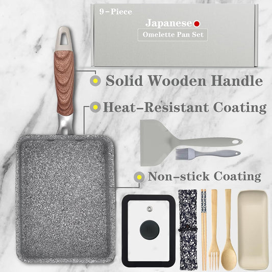 9Pcs Tamagoyaki Pan Set, Japanese Omelette Pan Nonstick with Lid, Square Japanese Egg Skillet Rectangle 7"x5" Grey