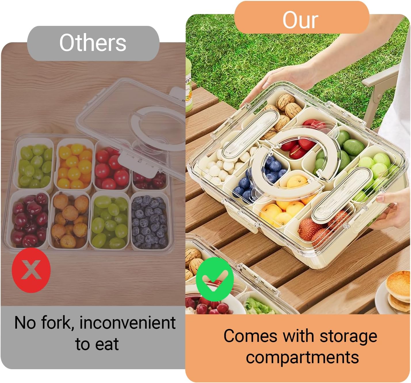 Large Divided Serving Tray with lid and handle Travel snack container Portable snackle box container for fruit, Party, Picnic -10 compartment with 3 forks and 2 spoons
