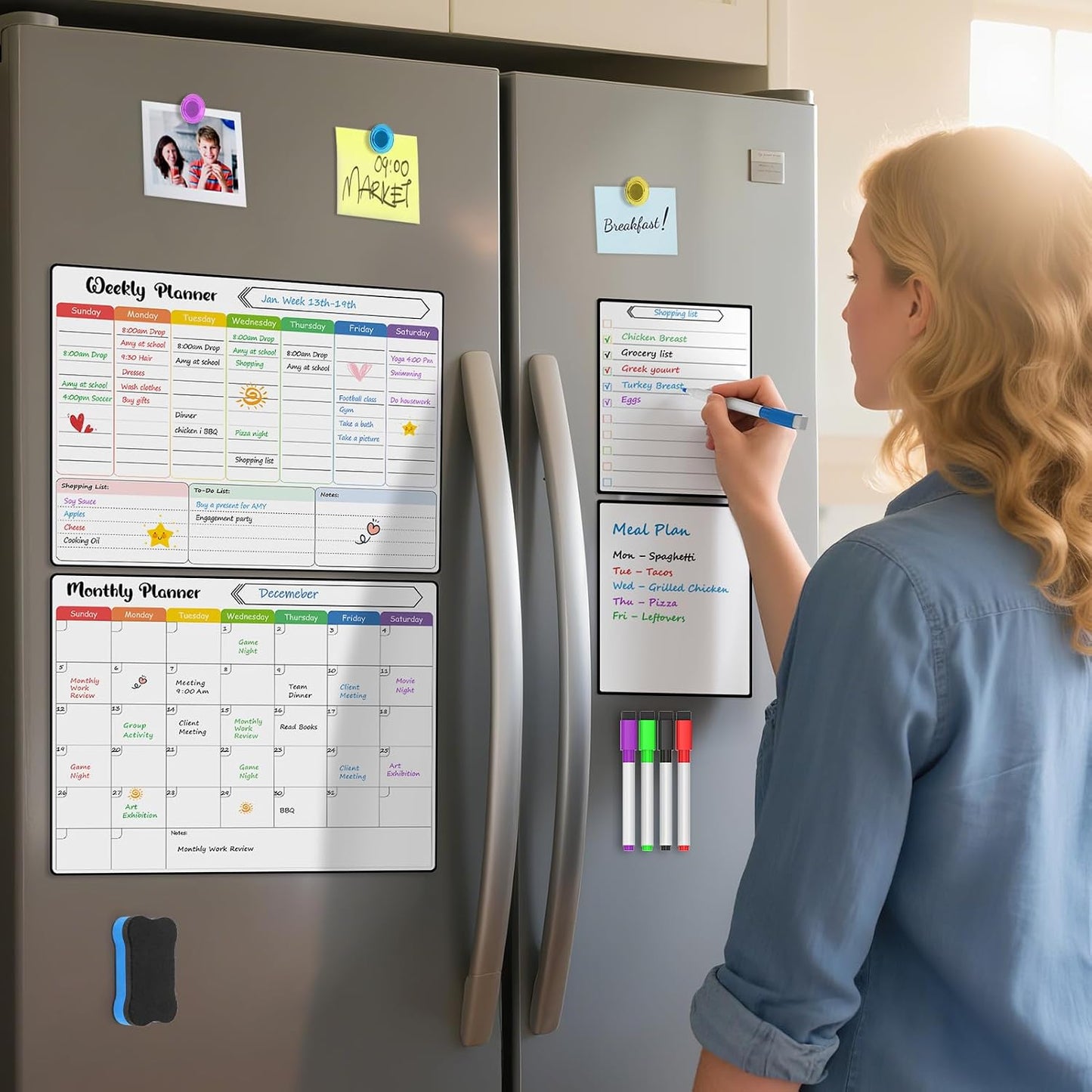 MaxGear 4 Pack Magnetic Fridge Calendar Set, 15" x 11.5" Dry Erase Whiteboard Calendar for Refrigerator, Includes Monthly, Weekly, List and Small Board with 5 Markers, 1 Eraser and 5 Magnets