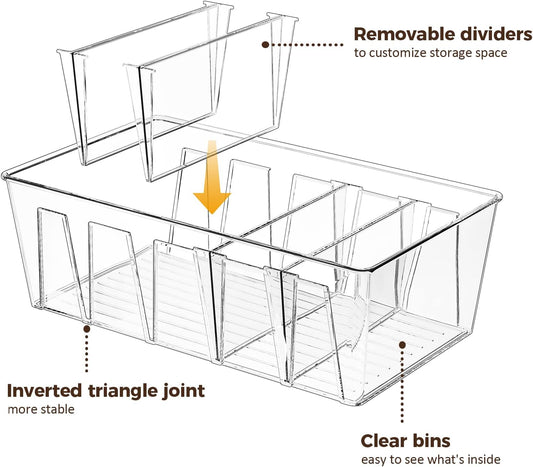 Puricon 4 Pack Pantry Organization and Storage Bins for Kitchen Fridge Countertop Cabinet, Stackable Clear Plastic Storage Racks with Removable Dividers, 5 Compartments for Snacks Packets Spices