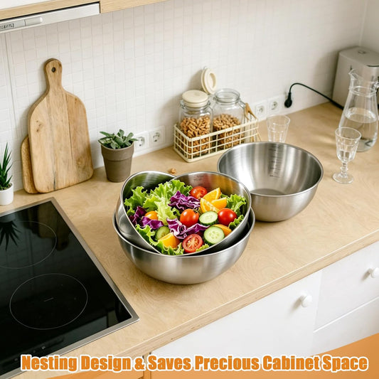 TINSKY 3 Pcs Stainless Steel Mixing Bowls Set Food Grade 304 Metal Nesting Prep Bowls for Kitchen Cooking Baking Salad, Dishwasher Safe (1.5, 2.2, 3.4 Qt)