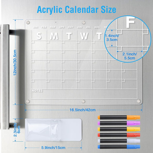 Acrylic Magnetic Dry Erase Board Calendar for Fridge, 16.5"x12" Inch Clear Dry Erase Calendar for Refrigerator, Magnetic Planning Calendars Includes 6 Colors Markers and Magnet Pen Holder