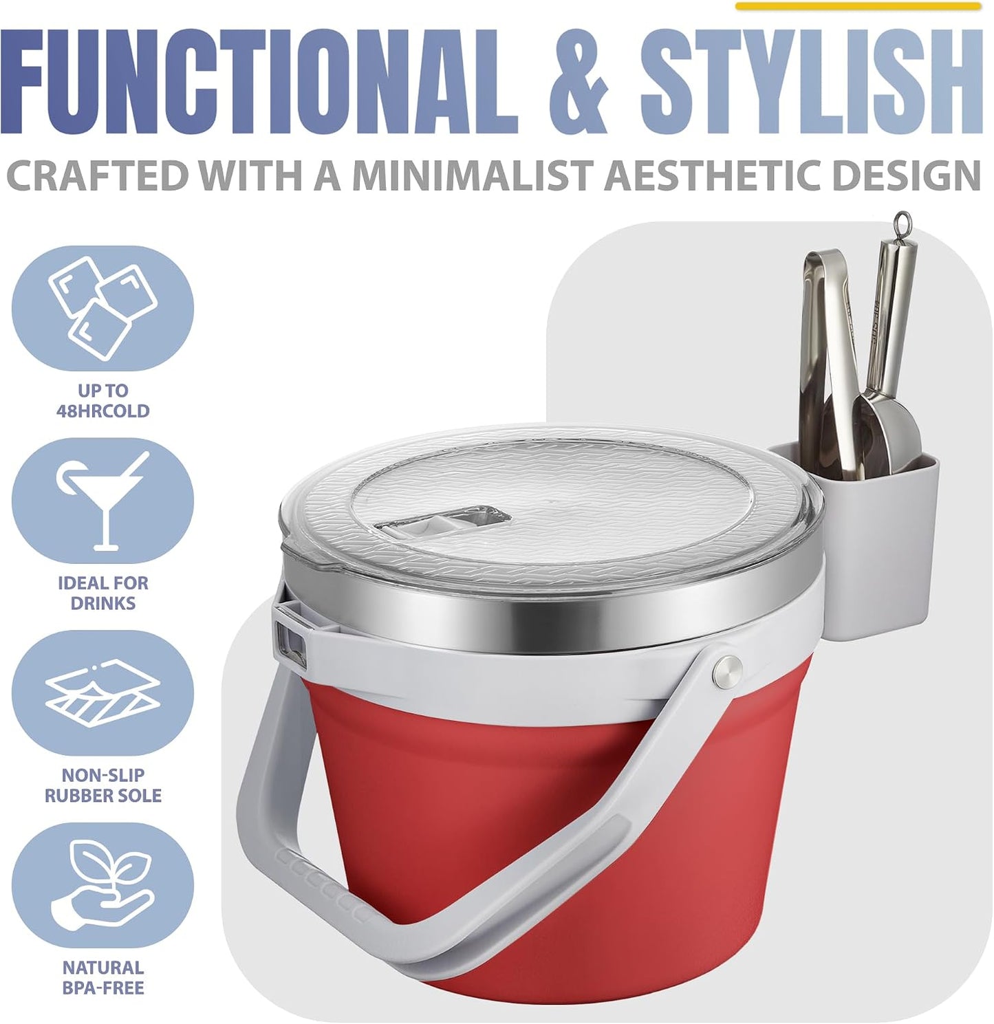 COKTIK 7L Vacuum Insulated Ice Bucket with Lid and Scoop& Tongs,Large capacity Stainless Steel Beverage Bucket for Cocktail, Champagne, Wine, Beer,Large Parties(Milk White Suit)