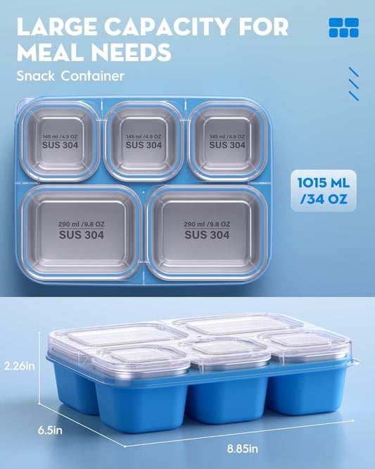 BiuLeon Snackle Box Containers, Stainless Steel 5 Compartments Divided Serving Tray with Lid, Removable LeakProof Portable Bento Box for Fruit Candy Nuts Food - School, Picnic and Travel(Blue)
