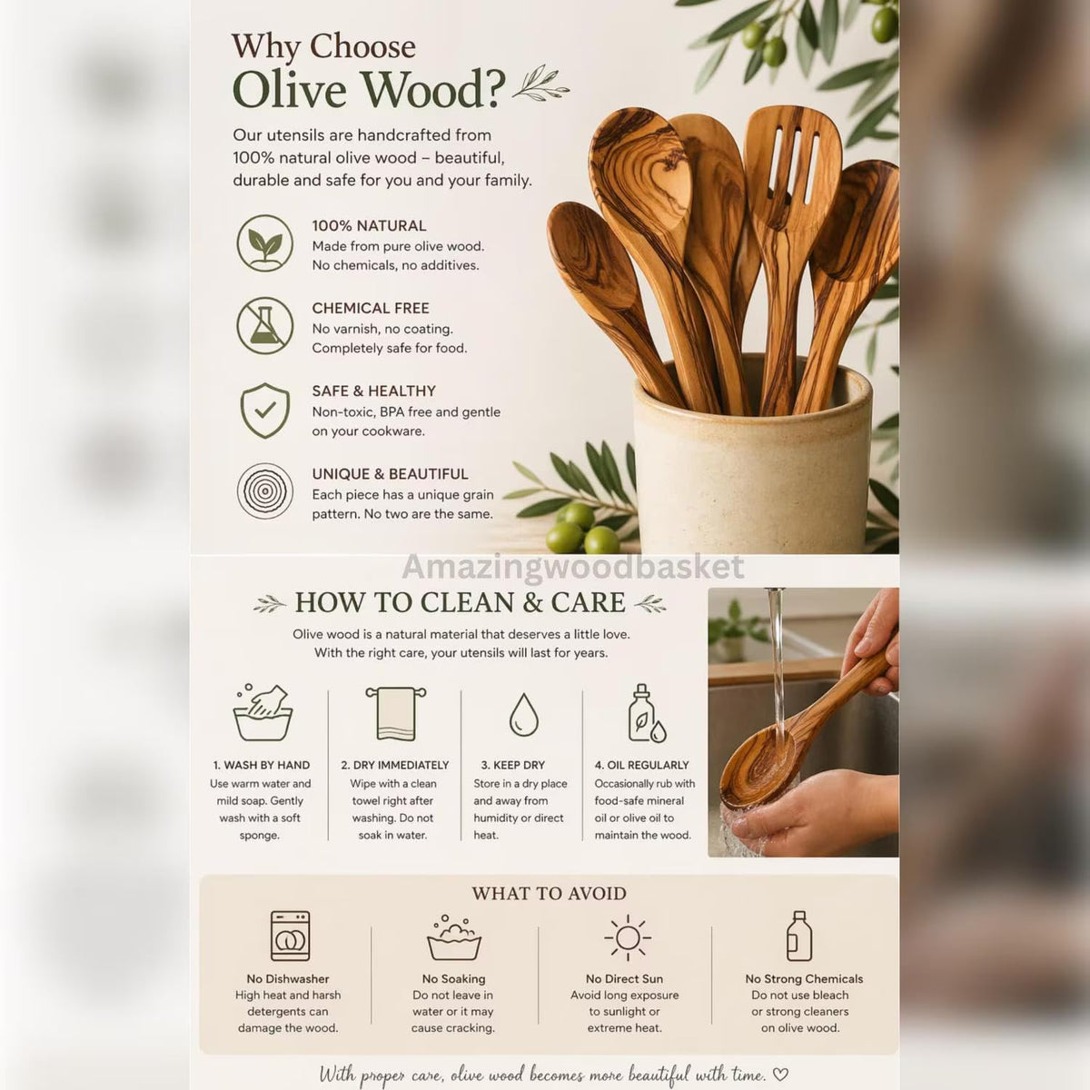 Handmade Olive Wood Herb Stripper, Natural Wood Kitchen Tool for Fresh Herbs