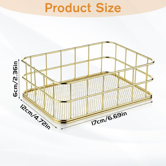 Gold Metal Wire Basket, 6.7 x 4.7 x 2.4 Inch Small Storage Basket Stackable Metal Wire Mesh Bin with Handles for Organizing, for Home Desk Pantry Bathroom Kitchen Countertop, Gold