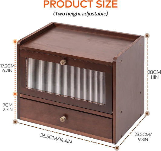 Solid Wood Bread Box with Pull-Out Bamboo Bread Slicer for Kitchen Counter