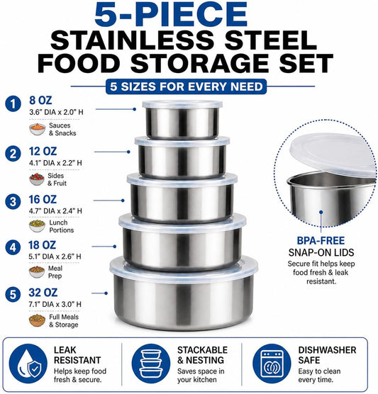 HANDIT 5-Piece Stainless Steel Food Storage Containers with Lids, Nesting Metal Bowls Set, Lightweight, BPA-Free Lids, Meal Prep & Leftovers, Freezer & Dishwasher Safe (8oz, 12oz, 16oz, 18oz, 32oz)