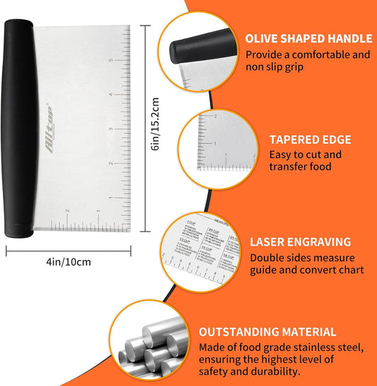 ALLTOP Bench Scraper & Chopper for Kitchen - Ideal Baking Essential Utensil,Stainless Steel Pastry/Dough/Food Cutter Tool for Cake Pizza Bread,Cooking -,Black