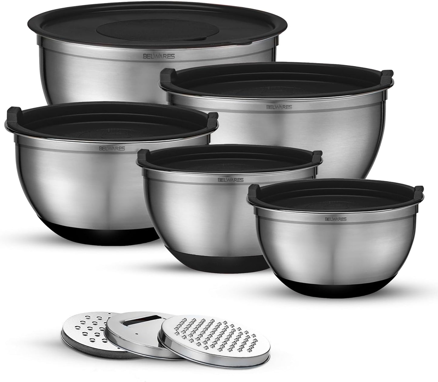 Belwares Mixing Bowls with Lids Set of 5 - Stainless Steel Mixing Bowl Set, Kitchen Nesting Metal Bowls with Non Slip Bottoms + 3 Grater Attachments, Airtight Lids, Food Prep + Storage, Matte Black