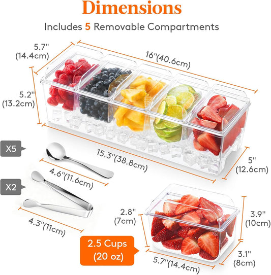 Lifewit Chilled Condiment Caddy with 5 x 20 oz Containers, Compact 15" Garnish Tray with Lids for Bartenders, Taco Bar Party Serving Set & Dirty Soda Bar Supplies, Ideal for Fruit, Salad, Toppings