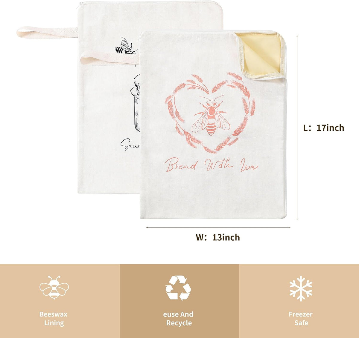 Wide Zipper Access Cotton &Beeswax Bags for Homemade Bread 2 Pack XL Reusable Beeswax Bread Bags for Homemade Bread Freezer Organic Cotton Food Storage Bags to Keep Fresh