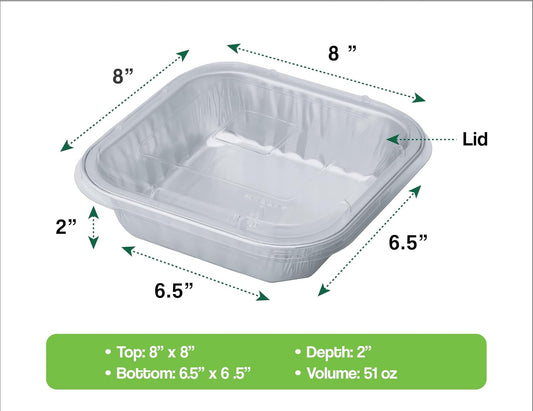 8" Square Heavy Duty Aluminum Container with lid | To-Go Boxes, Meal Prep Containers, Take-Out & Storage Containers | Reusable, Stackable | Reheat in Microwave, Stovetop, Oven & Grill (12)