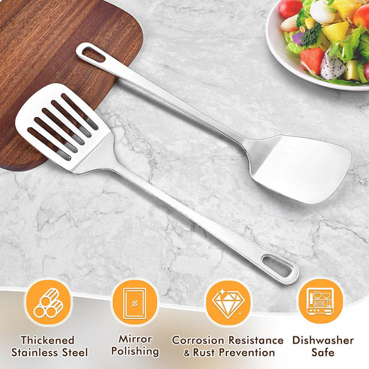 Stainless Steel Spatulas Set, Metal Spatula Solid & Slotted Turner, Heavy Duty Sturdy Spatula for Kitchen Use, High Heat Resistant Cooking Utensils for Fish Eggs Pancakes, Easy to Clean, Silver