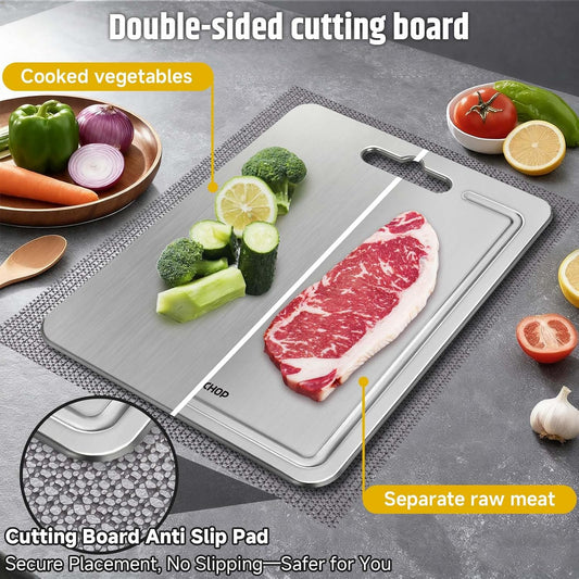100% Pure Titanium Cutting Boards with Juice Groove, Metal Chopping Boards for kitchen Double-Sided Non-Toxic Cutting Borad Meat, Vegetables and Fruits, Dishwasher Safe, Grey (18 * 12in)