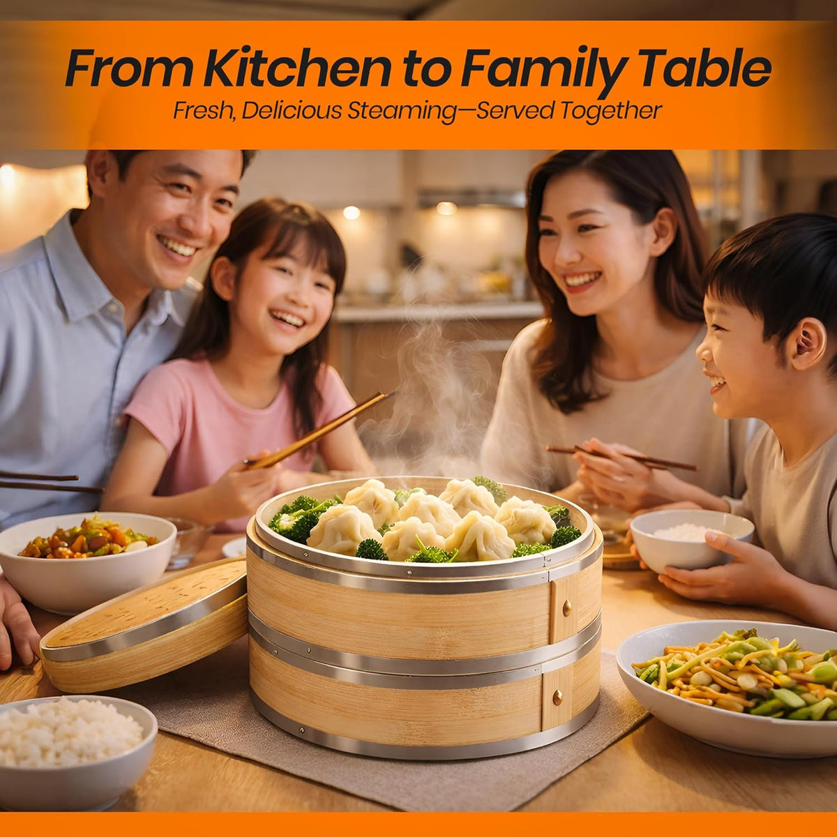 Bamboo Steamer Basket | 2 Tier 10-Inch steaming basket for Dim Sum, Bao Buns, Momos, Rice & Vegetables | Dumpling Steamer, Complete Kit: 4 Reusable Liners, 2 Sauce Dish, 2 Chopsticks, Ring Adapter | Natural Bamboo dumpling steaming basket Kit