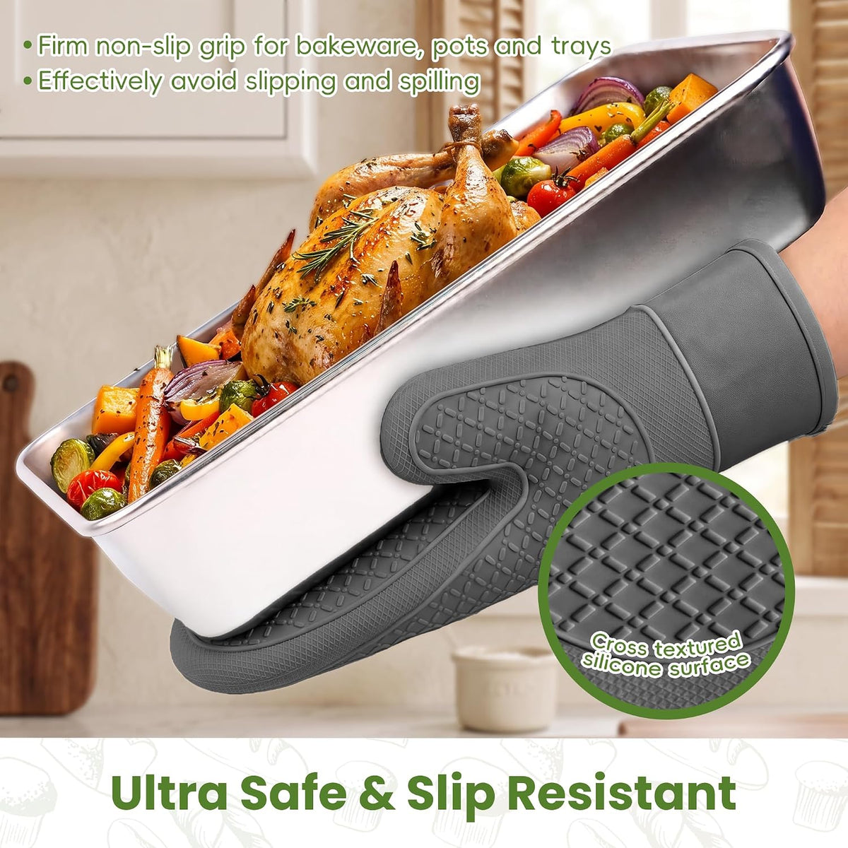 Silicone Oven Mitts,Heat Resistant, Oven Gloves with Soft Lining,Universal Fit Heat Resistant Kitchen Gloves for Baking, BBQ, Cooking and Grilling (Khaki)