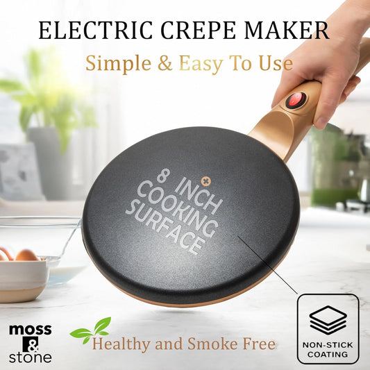 Moss & Stone Gold Electric Crepe Maker, 8" Portable Nonstick Crepe Pan