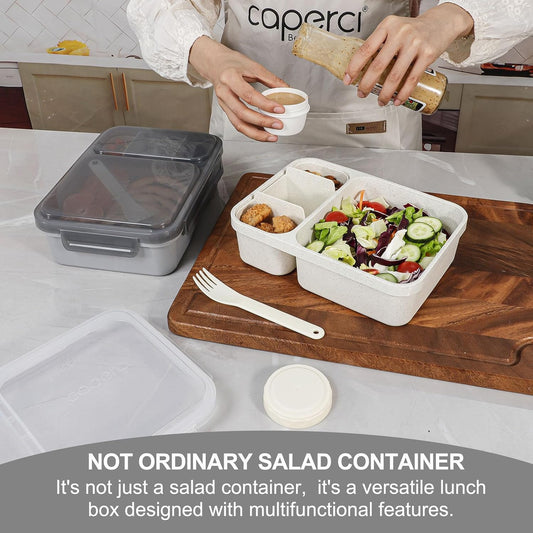 Caperci 2 Pack Salad Container for Lunch - 62 oz Large Bento Lunch Box for Adults, 2-Compartment Meal Prep Container with Removable Toppings Tray, Sauce Cup, Reusable Fork, BPA-Free (Purple & Green)