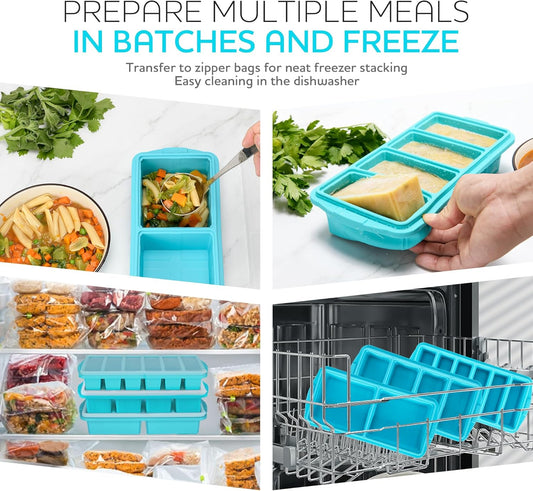Silicone Freezer Tray With Lid - Soup Freezer Container Molds Set Makes 2-Cup & 1-Cup 1/2-cup Portions Cubes Perfect for preparing meals in different Portion Sizes Oven & Dishwasher-Safe