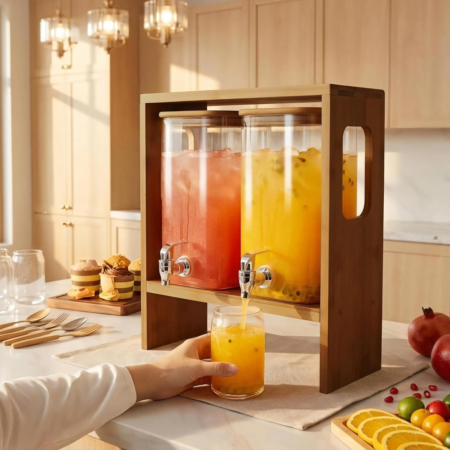 2 PCS 1.2 Gallon Drink Dispenser, Glass Beverage Dispenser with Wood Stand and Detachable Food Platter, Party Drink Dispensers for Lemonade, Juice, Tea, Ice Coffee