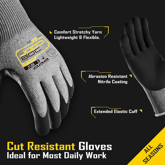 COOLJOB ANSI A5 Cut Resistant Gloves - 1/3/12 Pairs, Nitrile Rubber Dipped Safety Work Gloves for Men, Knife Proof with Grip Coating for Construction Warehouse Glass Wood Work, Grey Medium