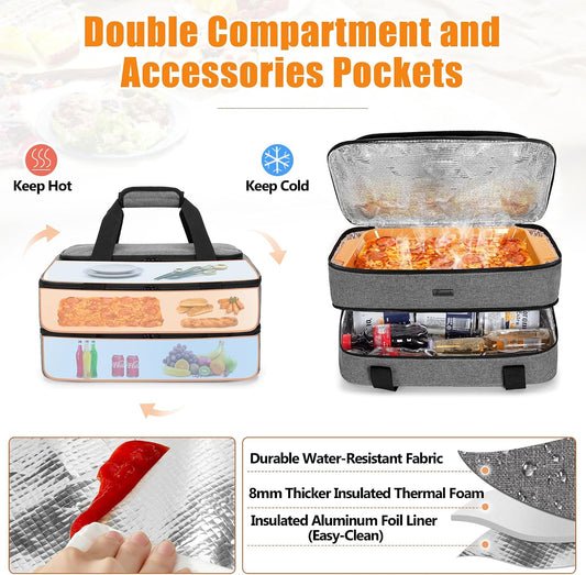 Trunab Casserole Carrier for Hot or Cold Food Insulated Casserole Dish Carrier Thermal Tote Bag for Picnic, Fits 9"×13" Baking Dish, 11 x 15 Foil Pans, Grey