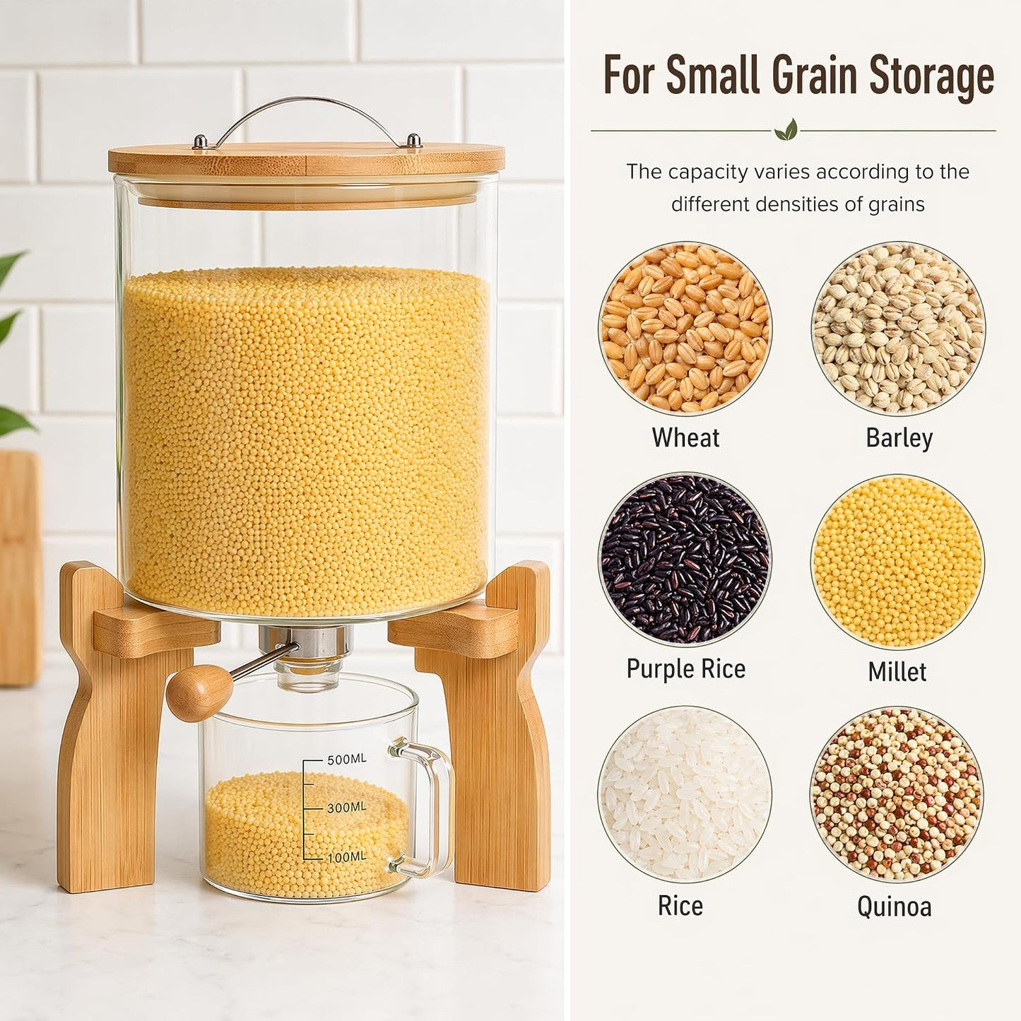Goaste Glass Rice Dispenser with Bamboo Stand, 5L Flour Cereal Container with Airtight Lid, 8 Lbs Large Grain Food Storage Bucket, Countertop Beans Storage Tank with Measuring Cup & Valve for Dry Food