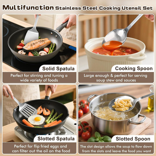 Cooking Utensils Set, Stainless Steel Kitchen Utensils, Heat Resistant Metal Kitchen Tools Include Solid & Slotted Turner Wok Spatula, Serving Spoon, Ergonomic Handle, Easy to Clean, Silver